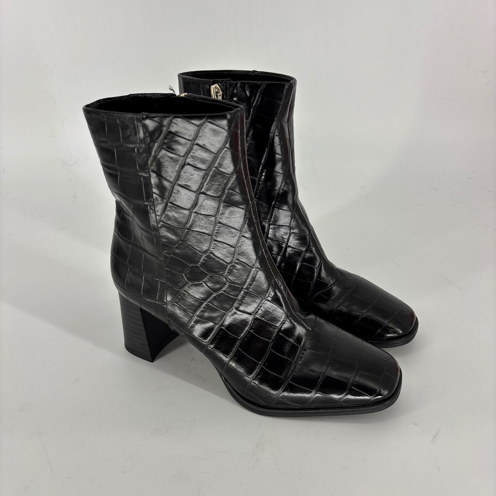 Nordstrom Rack Normandy Ankle Boot Black Women Size 5.5 Croc Embossed Block Heel